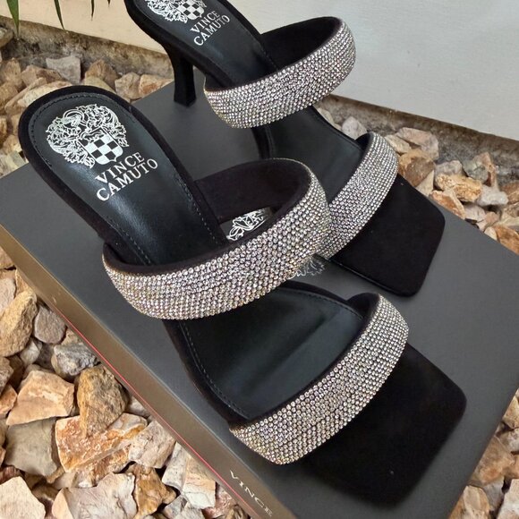 Vince Camuto Aslee Rhinestone Embellished Black & Silver Crystal Dress Sandals - Picture 6 of 11